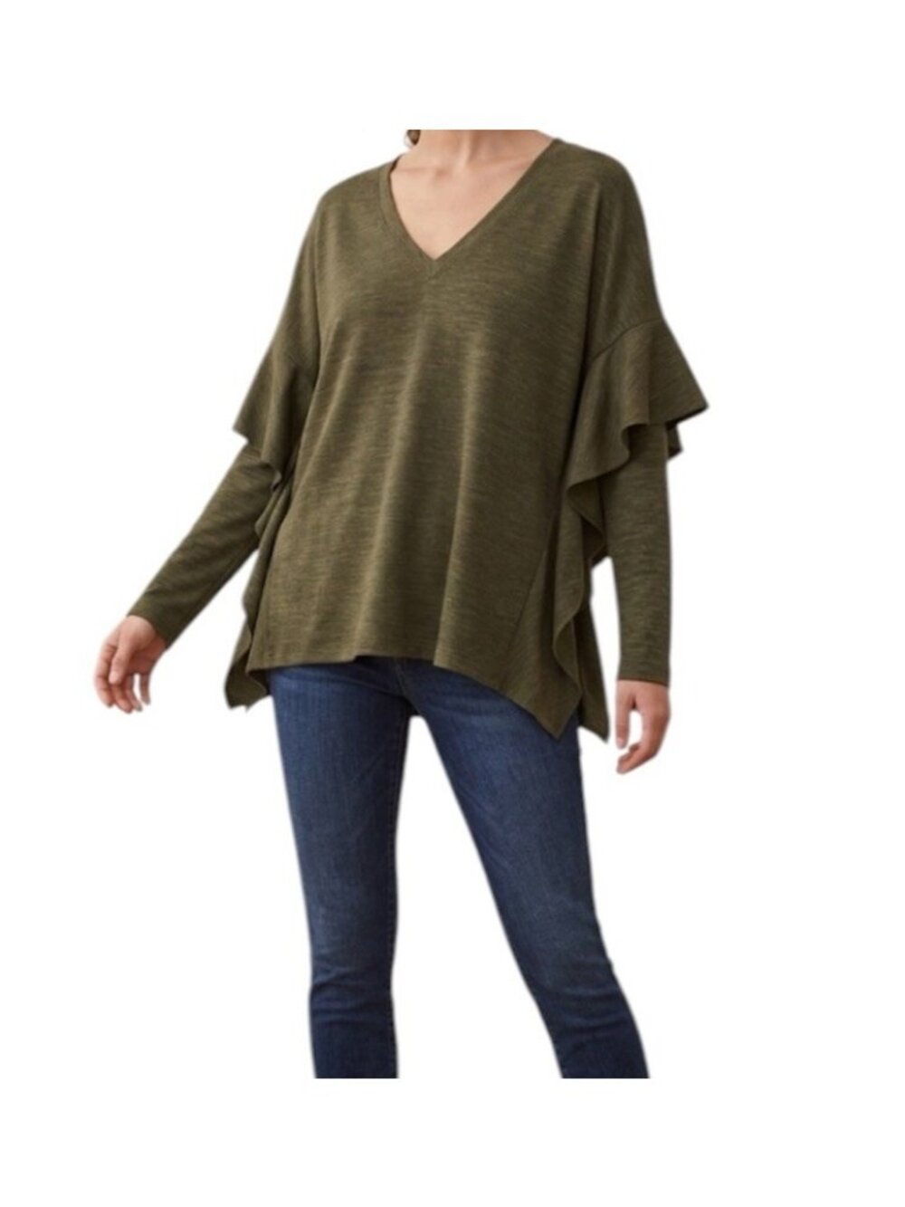 Lumiere Olive Green Knitted Flutter Sleeve Boho Chic Sweater Size Large